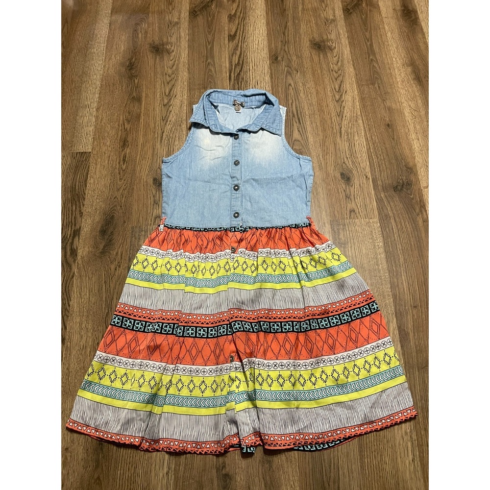 Poof Dress, Girls Size XS, Blue, Denim, Button Up, Sleeveless, Allover Print Hem